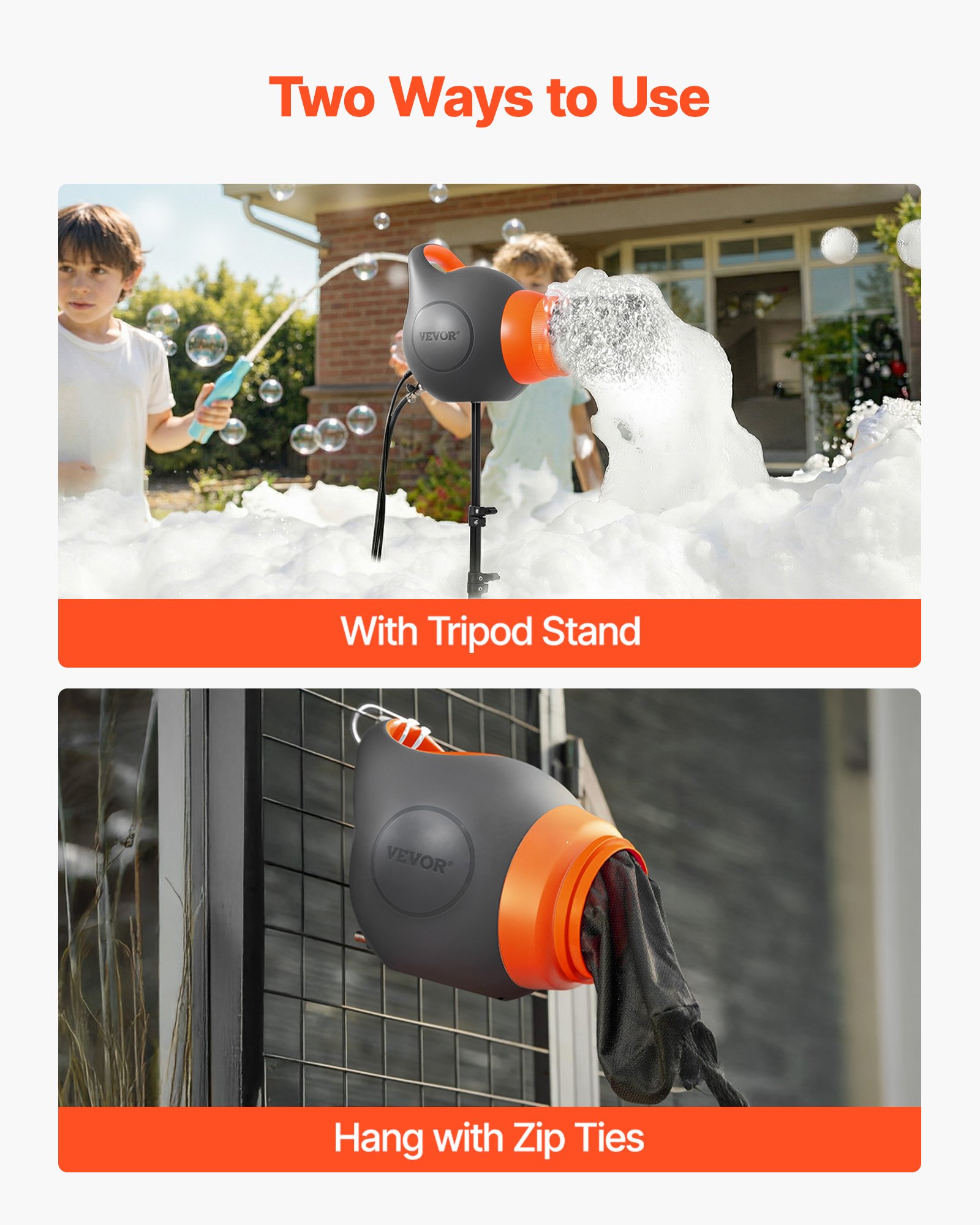 VEVOR Máquina de Espuma con Efecto de Escenario 115 W, Cañón de Burbujas para Fiestas, con Soporte de Trípode Telescópico, para Eventos Celebraciones Cumpleaños en Piscinas Jardines, Gris y Naranja