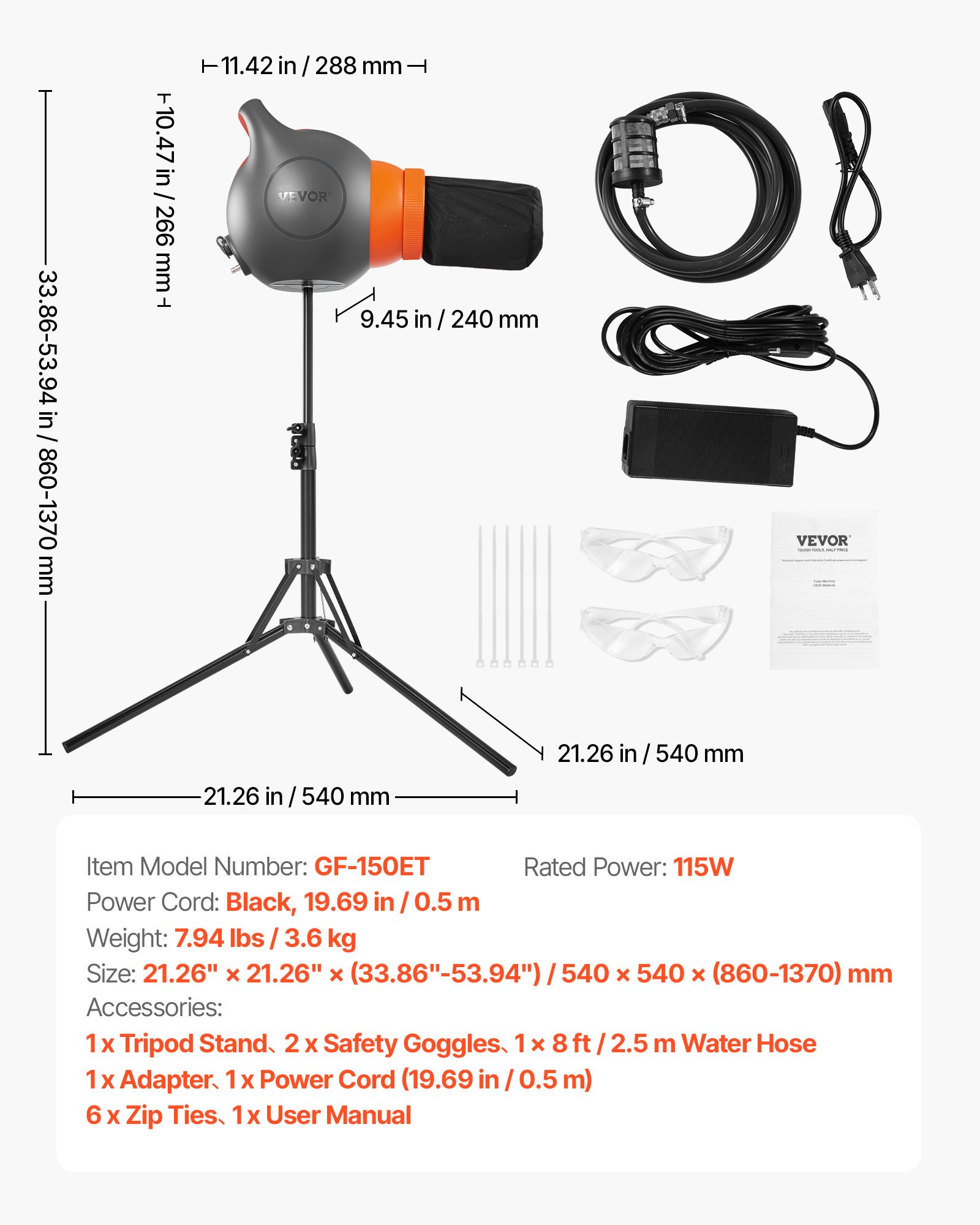 VEVOR Máquina de Espuma con Efecto de Escenario 115 W, Cañón de Burbujas para Fiestas, con Soporte de Trípode Telescópico, para Eventos Celebraciones Cumpleaños en Piscinas Jardines, Gris y Naranja