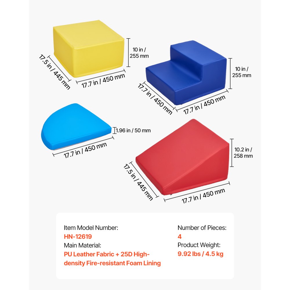 VEVOR Soft Building Blocks, 4-Piece Set, Foam Building Blocks for Toddlers from 6 Months to 3 Years, Large Building Blocks Made of PU Leather, Indoor Climbing & Crawling Activity Playset for Crawling & Sliding