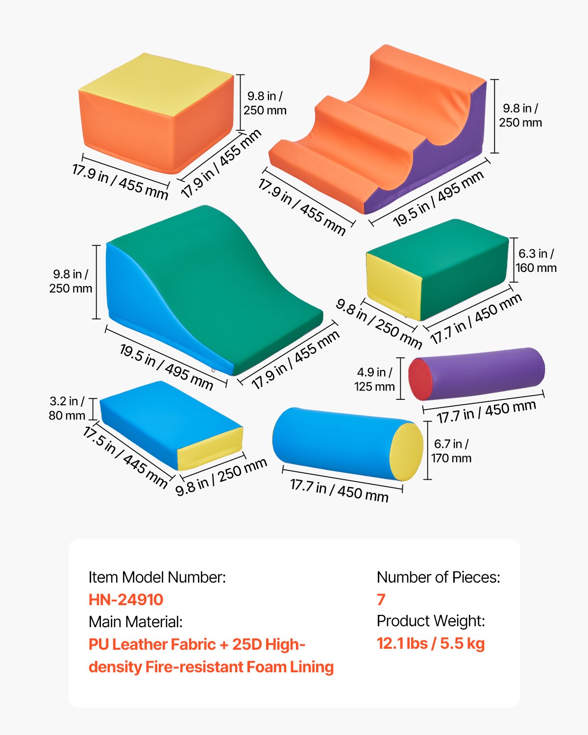 VEVOR Soft Building Blocks, 7-Piece Set, Foam Building Blocks for Toddlers from 6 Months to 3 Years, Giant Building Blocks Made of PU Leather, Indoor Climbing & Crawling Activity Playset for Crawling & Sliding