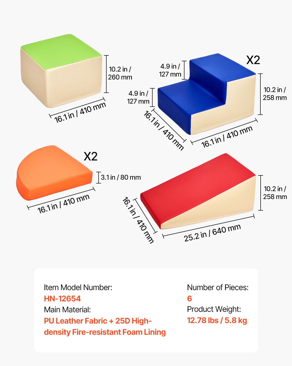 VEVOR Soft Building Blocks, 6-Piece Set, Foam Building Blocks for Toddlers from 6 Months to 3 Years, Giant Building Blocks Made of PU Leather, Indoor Climbing & Crawling Activity Playset for Crawling & Sliding