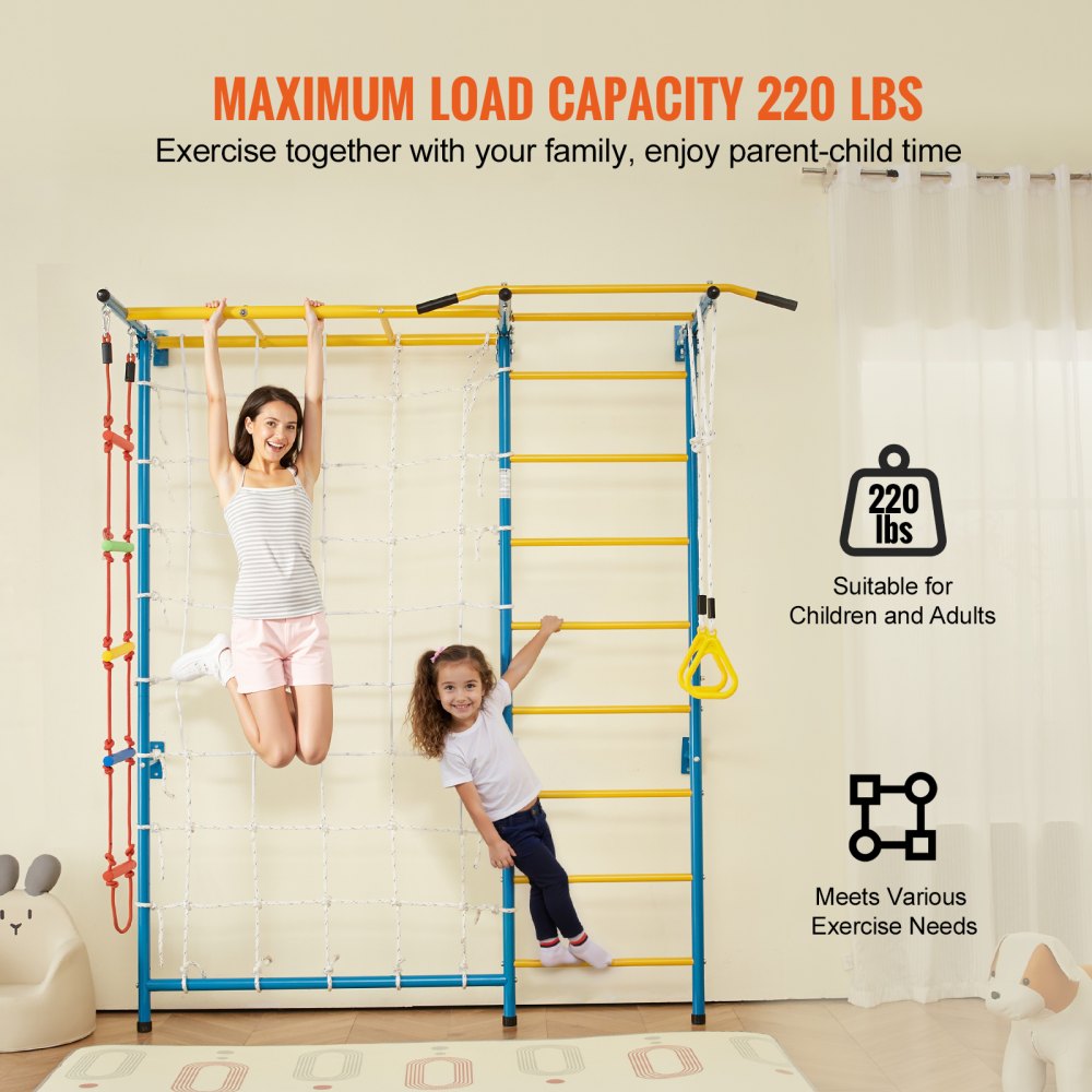 VEVOR 7 en 1 Juego de Escalada para Niños con Escalera Sueca de Acero al Carbono, Escalera de Pared, Barra de Dominadas, Escalera de Cuerda y Anillos de Gimnasia, Carga de  99,8 kg, Multicolor