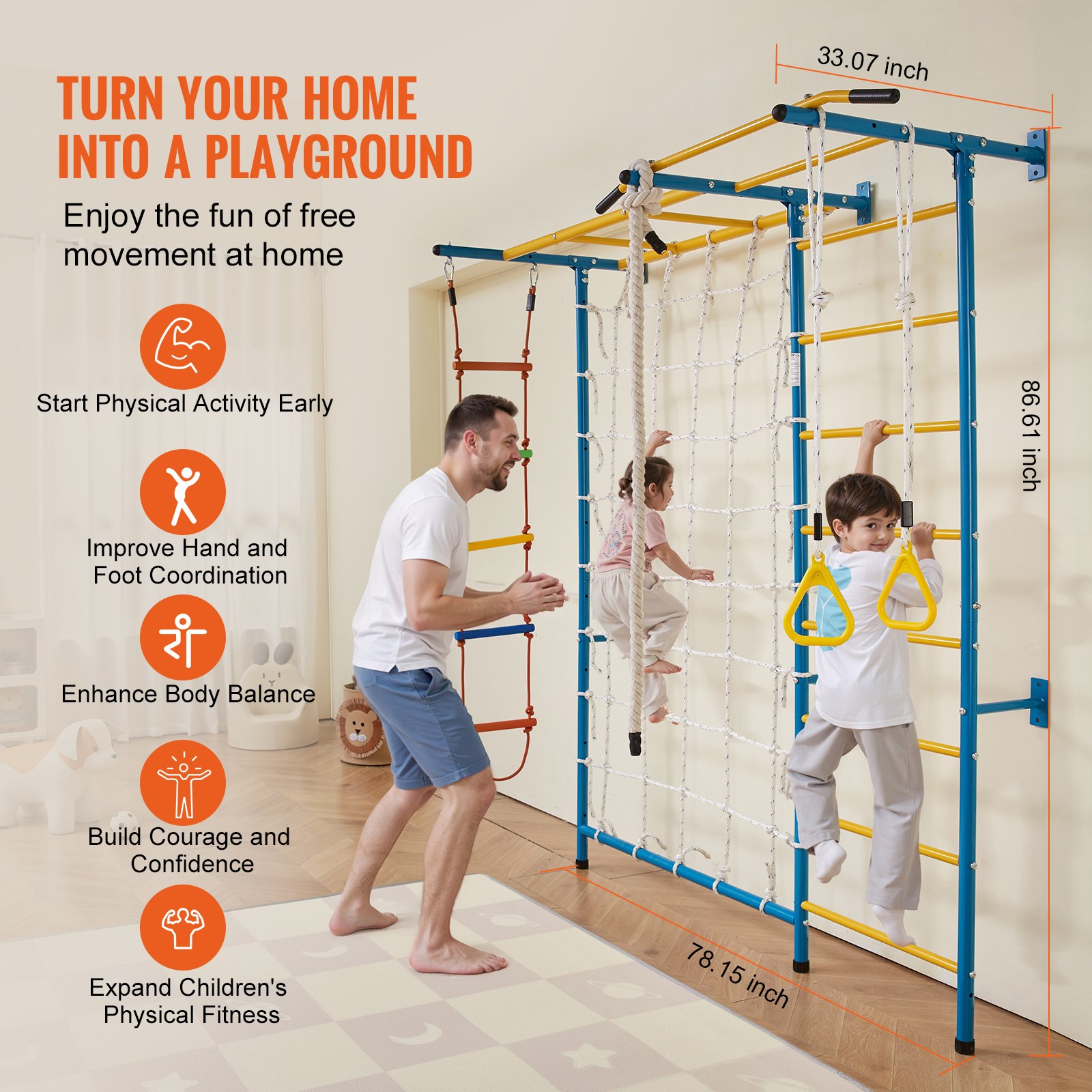 VEVOR 7 en 1 Juego de Escalada para Niños con Escalera Sueca de Acero al Carbono, Escalera de Pared, Barra de Dominadas, Escalera de Cuerda y Anillos de Gimnasia, Carga de  99,8 kg, Multicolor