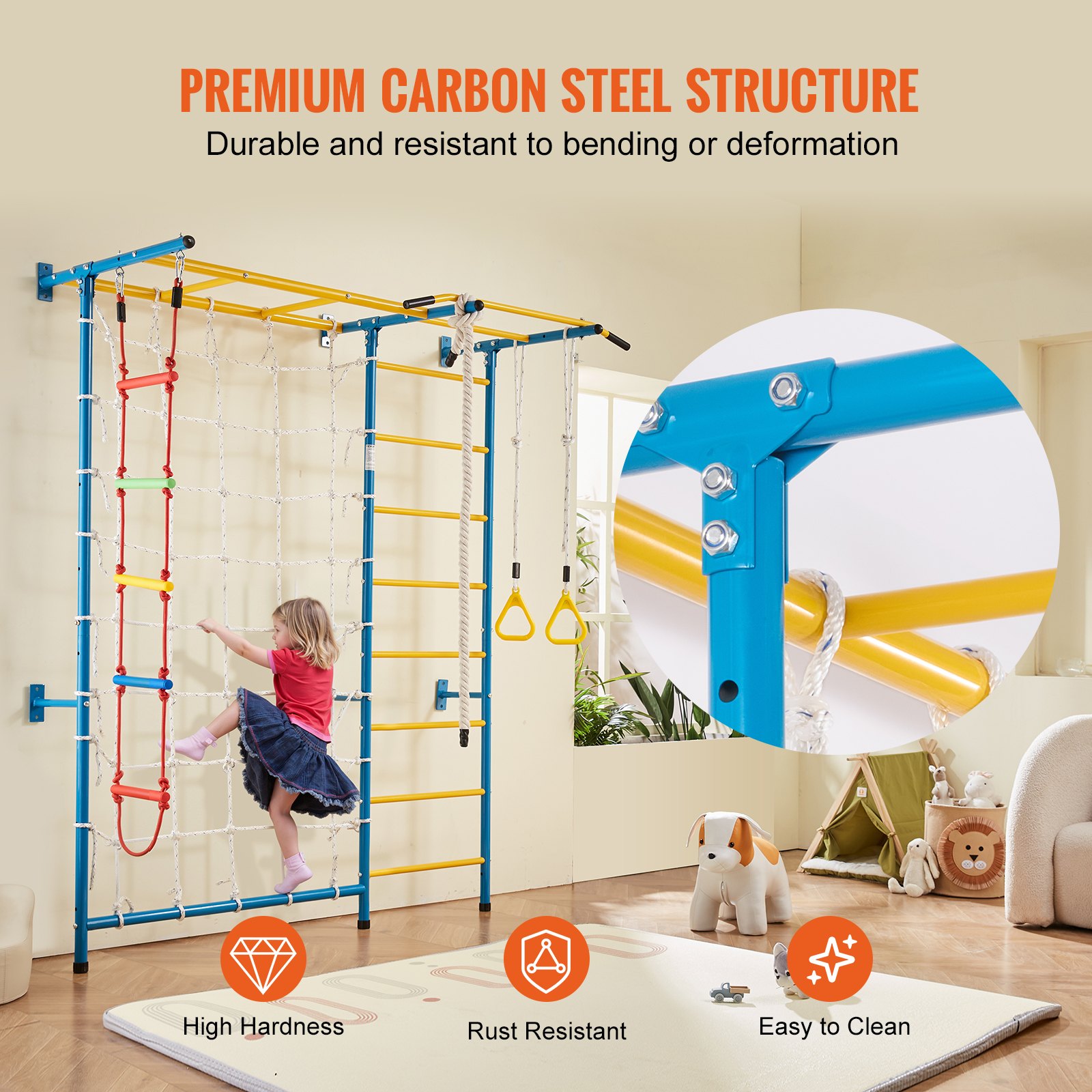 VEVOR 7 en 1 Juego de Escalada para Niños con Escalera Sueca de Acero al Carbono, Escalera de Pared, Barra de Dominadas, Escalera de Cuerda y Anillos de Gimnasia, Carga de  99,8 kg, Multicolor