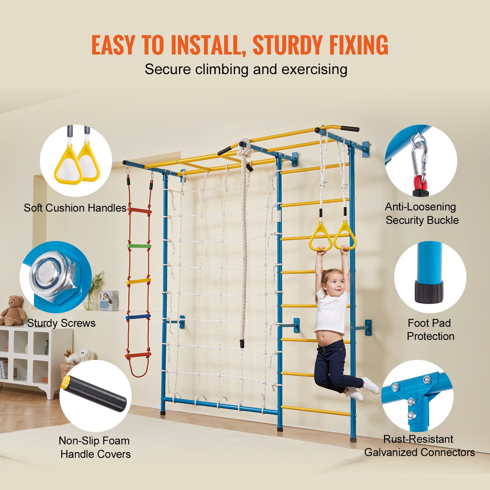 VEVOR 7 en 1 Juego de Escalada para Niños con Escalera Sueca de Acero al Carbono, Escalera de Pared, Barra de Dominadas, Escalera de Cuerda y Anillos de Gimnasia, Carga de  99,8 kg, Multicolor