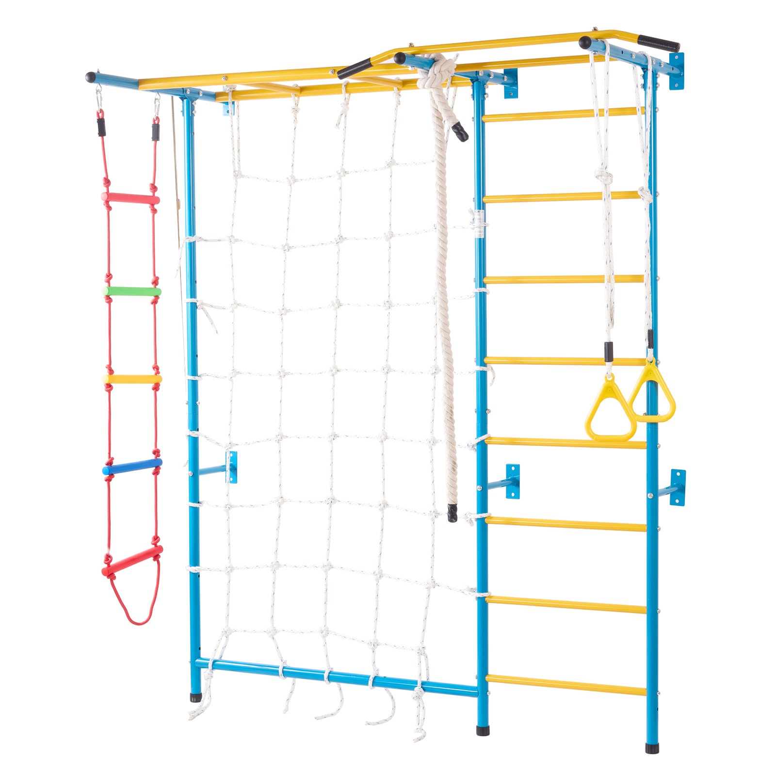 VEVOR 7 en 1 Juego de Escalada para Niños con Escalera Sueca de Acero al Carbono, Escalera de Pared, Barra de Dominadas, Escalera de Cuerda y Anillos de Gimnasia, Carga de  99,8 kg, Multicolor