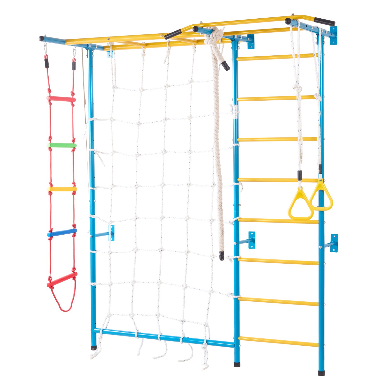 VEVOR 7 en 1 Juego de Escalada para Niños con Escalera Sueca de Acero al Carbono, Escalera de Pared, Barra de Dominadas, Escalera de Cuerda y Anillos de Gimnasia, Carga de  99,8 kg, Multicolor