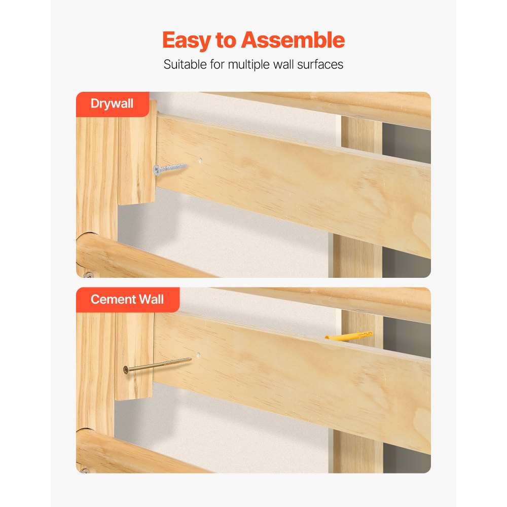 VEVOR Escalera Sueca de Gimnasio con Barras de Madera Maciza 12 Niveles Juego de Escalada Capacidad de 100 kg Montaje de Pared con Anillas de Gimnasio, Tobogán, Columpio para Hogar, Sala de Juegos