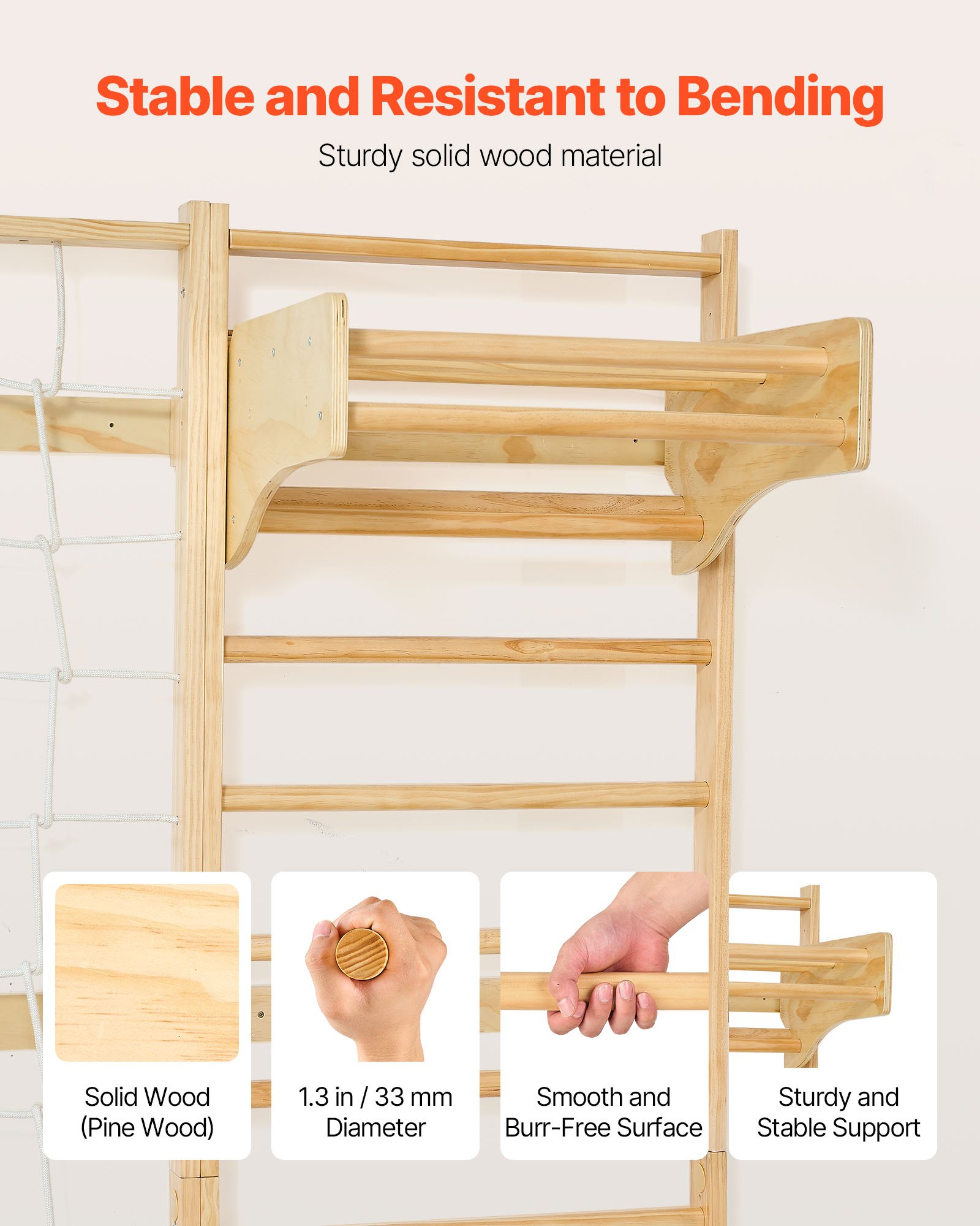 VEVOR Escalera Sueca de Gimnasio con Barras de Madera Maciza 12 Niveles Juego de Escalada Capacidad de 100 kg Montaje de Pared con Anillas de Gimnasio, Tobogán, Columpio para Hogar, Sala de Juegos