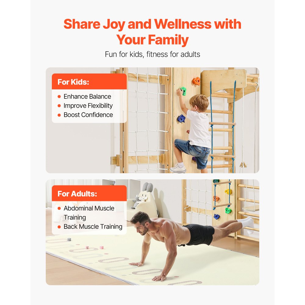 VEVOR Escalera Sueca de Gimnasio con Barras de Madera Maciza 12 Niveles Juego de Escalada Capacidad de 100 kg Montaje de Pared con Anillas de Gimnasio, Tobogán, Columpio para Hogar, Sala de Juegos