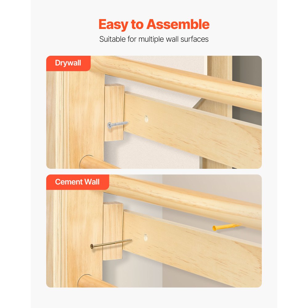 VEVOR Escalera Sueca de Gimnasio con Barras de Madera Maciza 12 Niveles Juego de Escalada Capacidad de 100 kg Montaje de Pared con Anillas de Gimnasio, Tobogán, Columpio para Hogar, Sala de Juegos