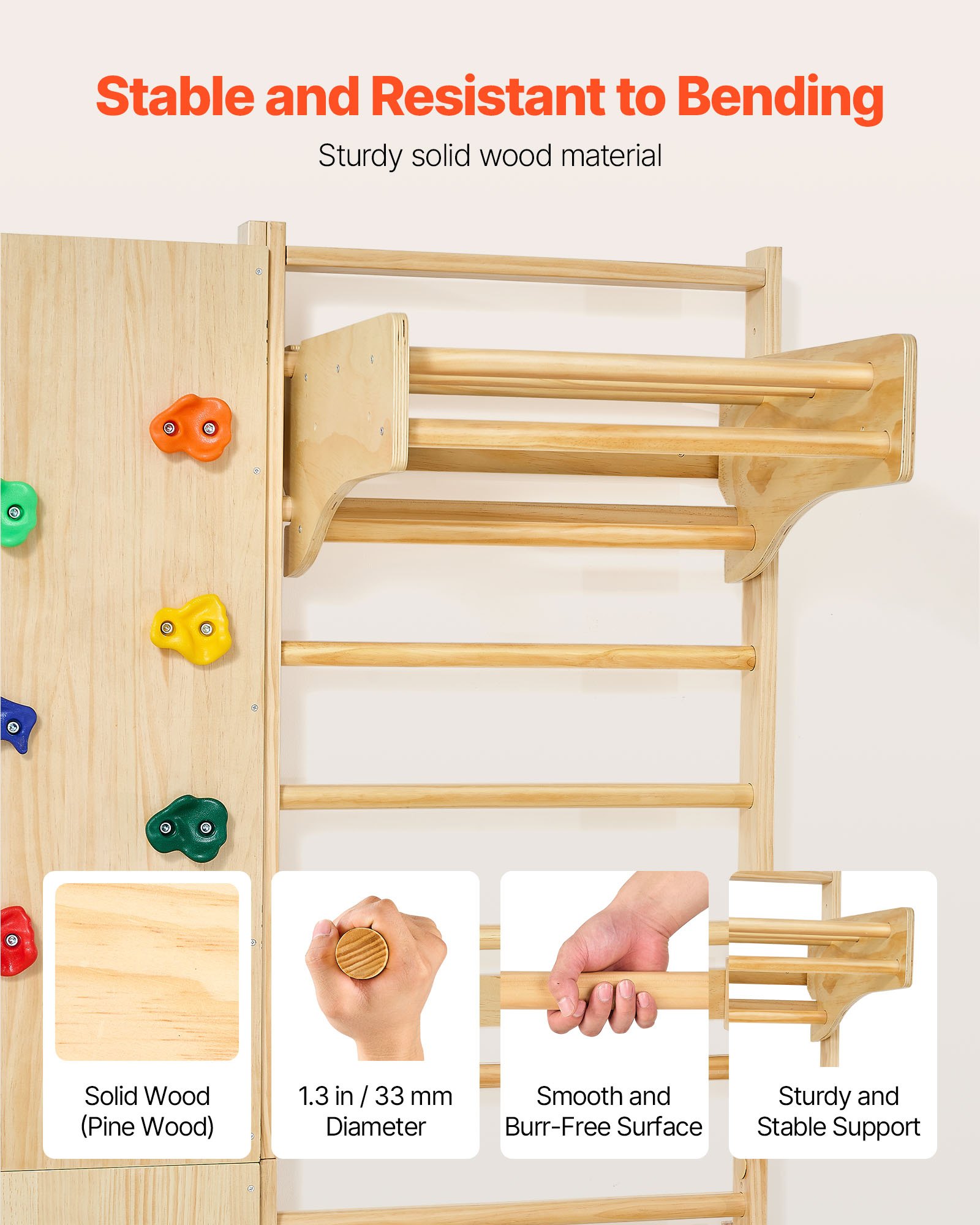 VEVOR Escalera Sueca de Gimnasio con Barras de Madera Maciza 12 Niveles Juego de Escalada Capacidad de 100 kg Montaje de Pared con Anillas de Gimnasio, Tobogán, Columpio para Hogar, Sala de Juegos