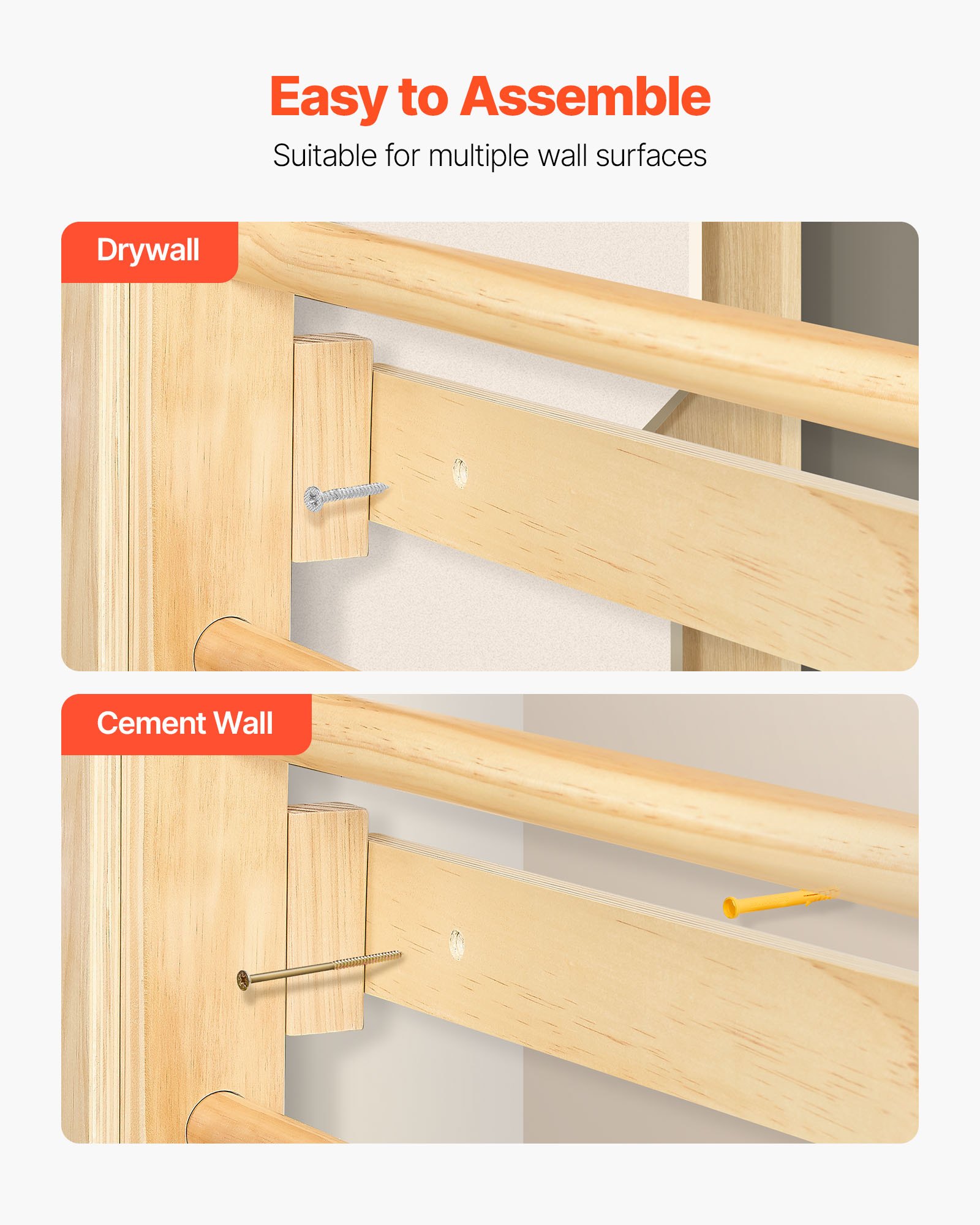 VEVOR Escalera Sueca de Gimnasio con Barras de Madera Maciza 12 Niveles Juego de Escalada Capacidad de 100 kg Montaje de Pared con Anillas de Gimnasio, Tobogán, Columpio para Hogar, Sala de Juegos