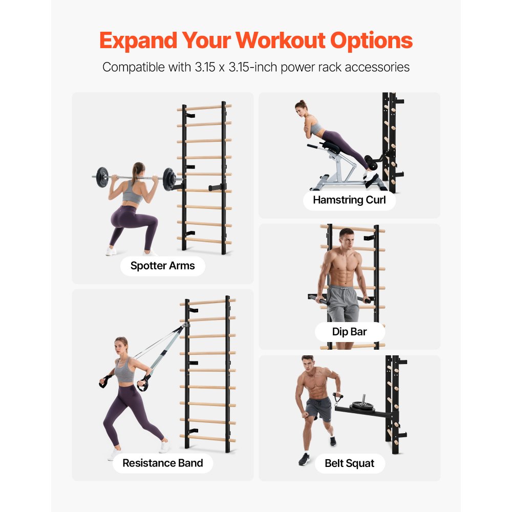 VEVOR Escalera Sueca de Gimnasio con Barras de Madera Maciza 9 Niveles Juego de Entrenamiento con Espaldera para Interior Capacidad de 150 kg Montaje de Pared para Hogar, Estudio de Baile, Gimnasio