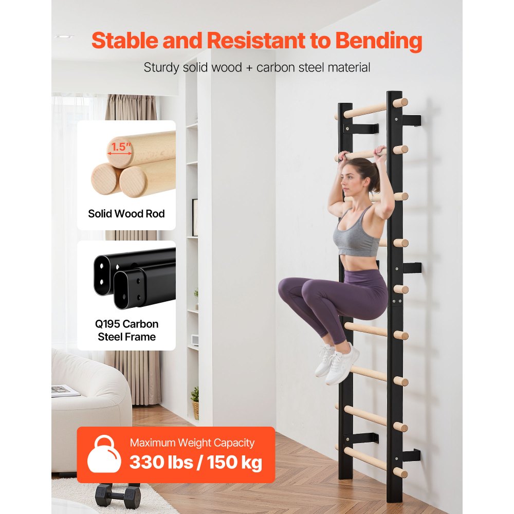 VEVOR Escalera Sueca de Gimnasio con Barras de Madera Maciza 9 Niveles Juego de Entrenamiento con Espaldera para Interior Capacidad de 150 kg Montaje de Pared para Hogar, Estudio de Baile, Gimnasio