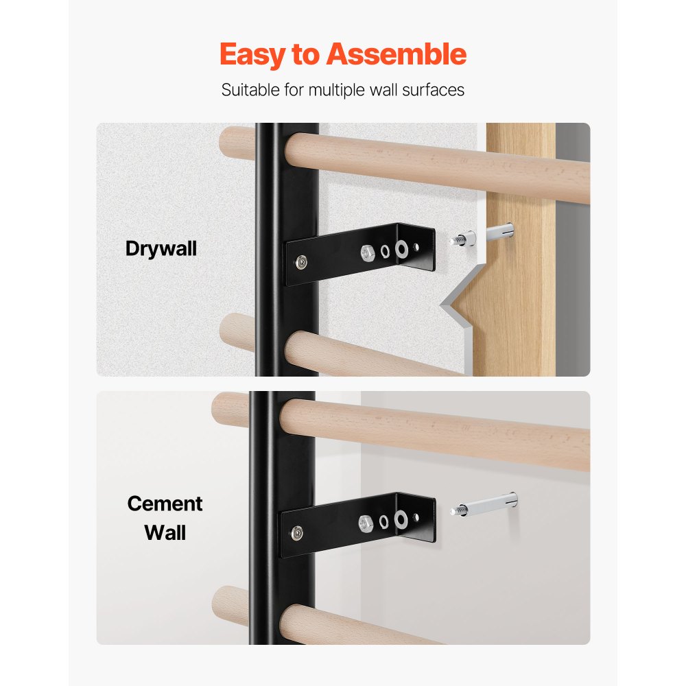 VEVOR Escalera Sueca de Gimnasio con Barras de Madera Maciza 9 Niveles Juego de Entrenamiento con Espaldera para Interior Capacidad de 150 kg Montaje de Pared para Hogar, Estudio de Baile, Gimnasio