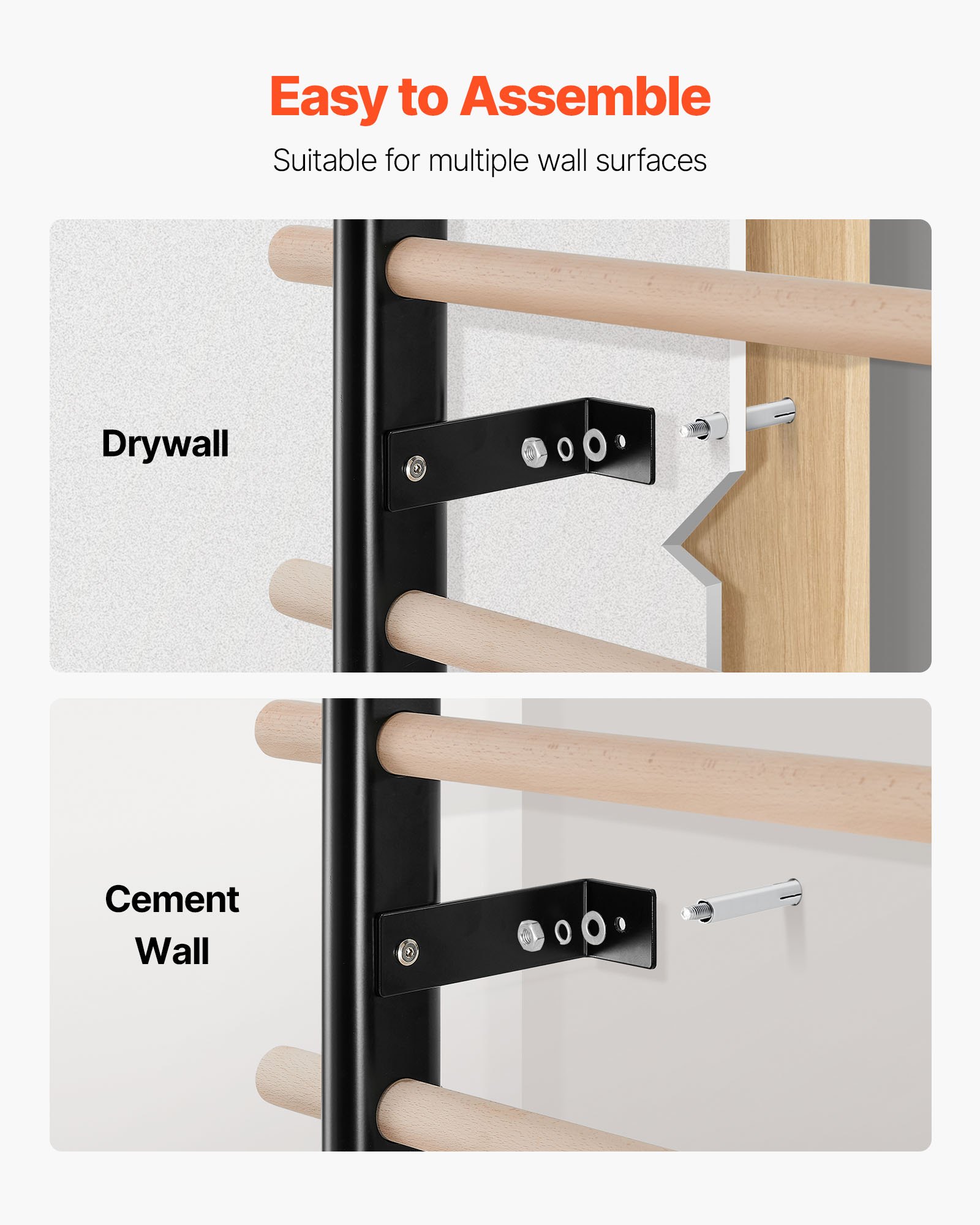 VEVOR Escalera Sueca de Gimnasio con Barras de Madera Maciza 9 Niveles Juego de Entrenamiento con Espaldera para Interior Capacidad de 150 kg Montaje de Pared para Hogar, Estudio de Baile, Gimnasio