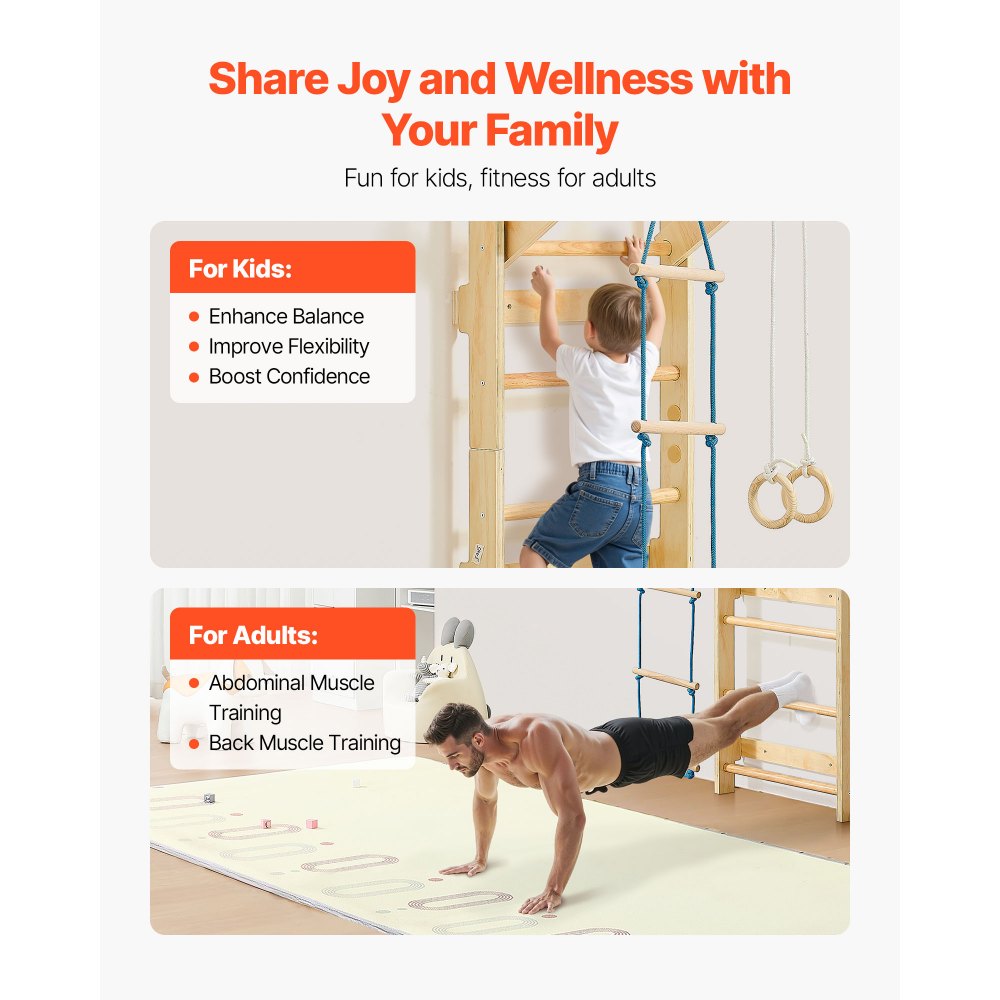 VEVOR Escalera Sueca de Gimnasio con Barras de Madera Maciza 8 Niveles Juego de Escalada para Interior Capacidad de 100 kg Montaje de Pared con Barra de Dominadas, Anillas para Hogar, Sala de Juegos