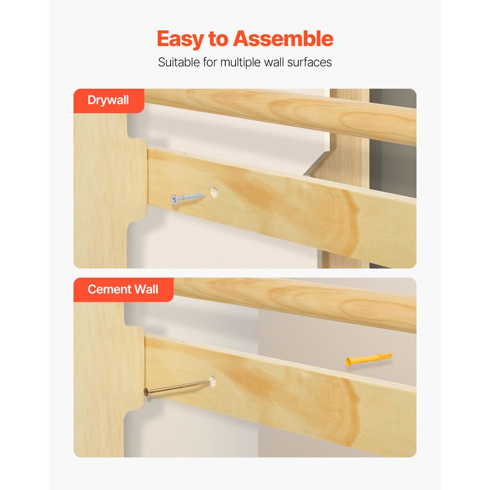 VEVOR Escalera Sueca de Gimnasio con Barras de Madera Maciza 8 Niveles Juego de Escalada para Interior Capacidad de 100 kg Montaje de Pared con Barra de Dominadas, Anillas para Hogar, Sala de Juegos