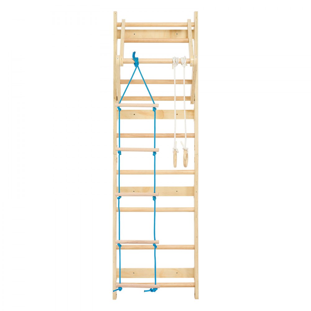 VEVOR Escalera Sueca de Gimnasio con Barras de Madera Maciza 8 Niveles Juego de Escalada para Interior Capacidad de 100 kg Montaje de Pared con Barra de Dominadas, Anillas para Hogar, Sala de Juegos