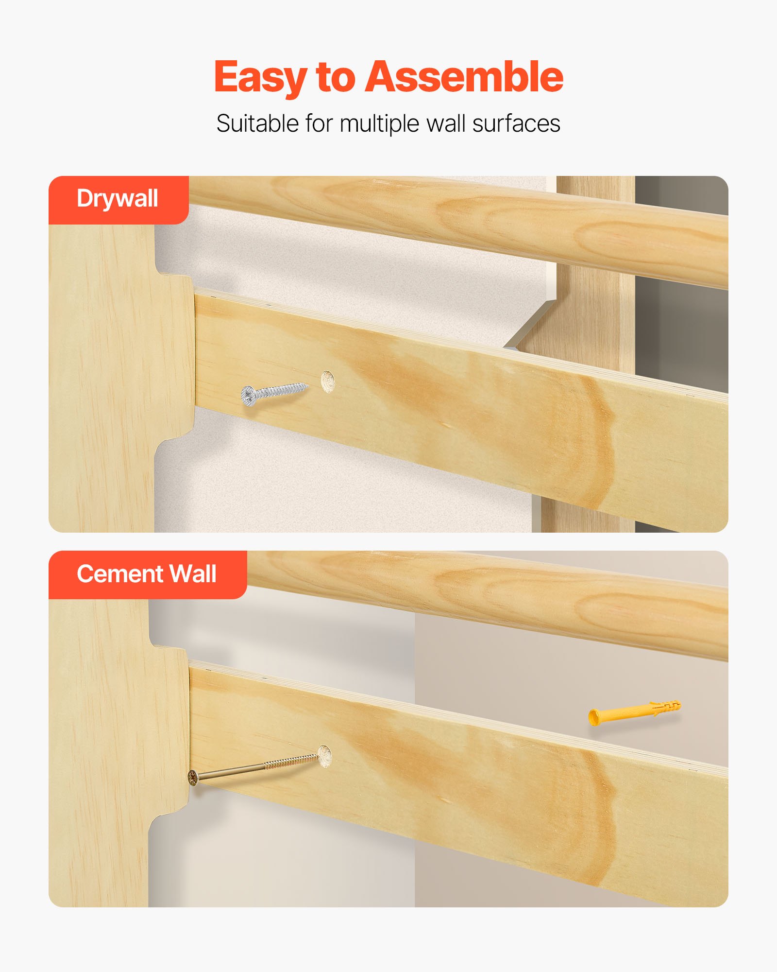 VEVOR Escalera Sueca de Gimnasio con Barras de Madera Maciza 8 Niveles Juego de Escalada para Interior Capacidad de 100 kg Montaje de Pared con Barra de Dominadas, Anillas para Hogar, Sala de Juegos