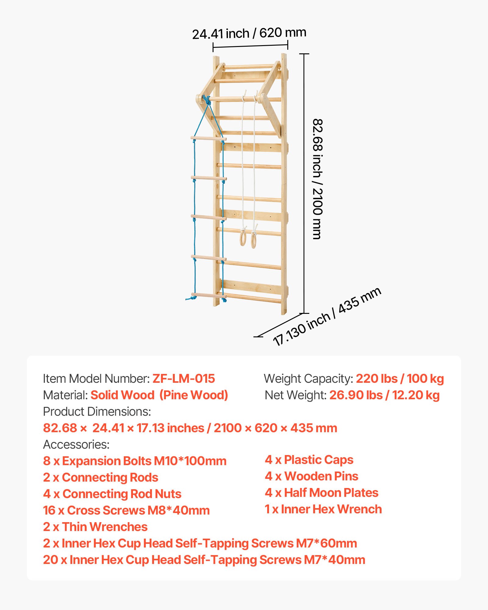 VEVOR Escalera Sueca de Gimnasio con Barras de Madera Maciza 8 Niveles Juego de Escalada para Interior Capacidad de 100 kg Montaje de Pared con Barra de Dominadas, Anillas para Hogar, Sala de Juegos