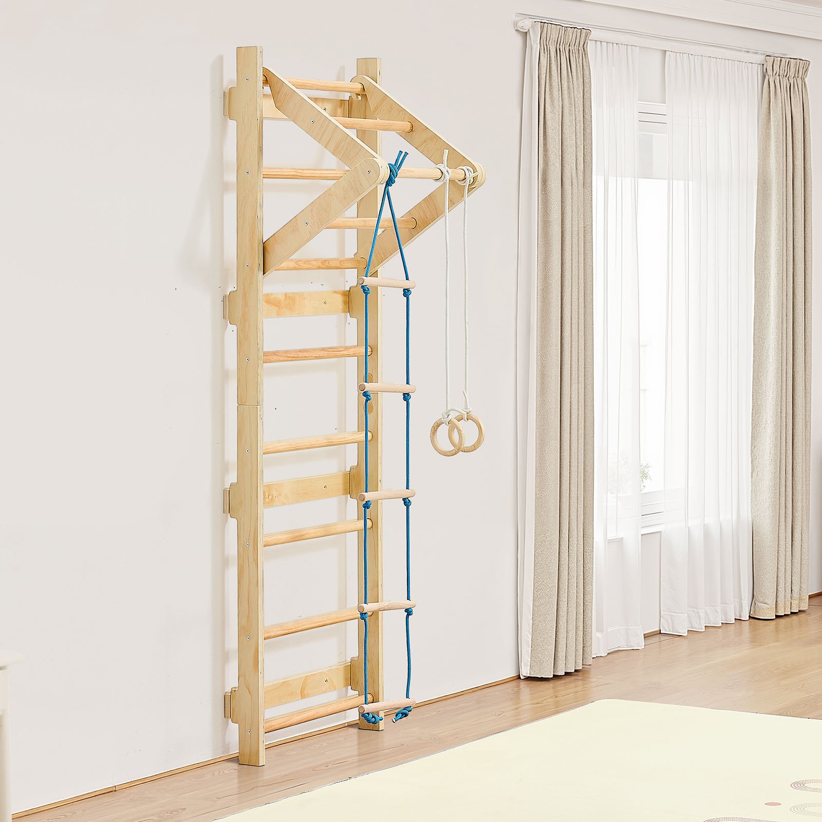 VEVOR Escalera Sueca de Gimnasio con Barras de Madera Maciza 8 Niveles Juego de Escalada para Interior Capacidad de 100 kg Montaje de Pared con Barra de Dominadas, Anillas para Hogar, Sala de Juegos