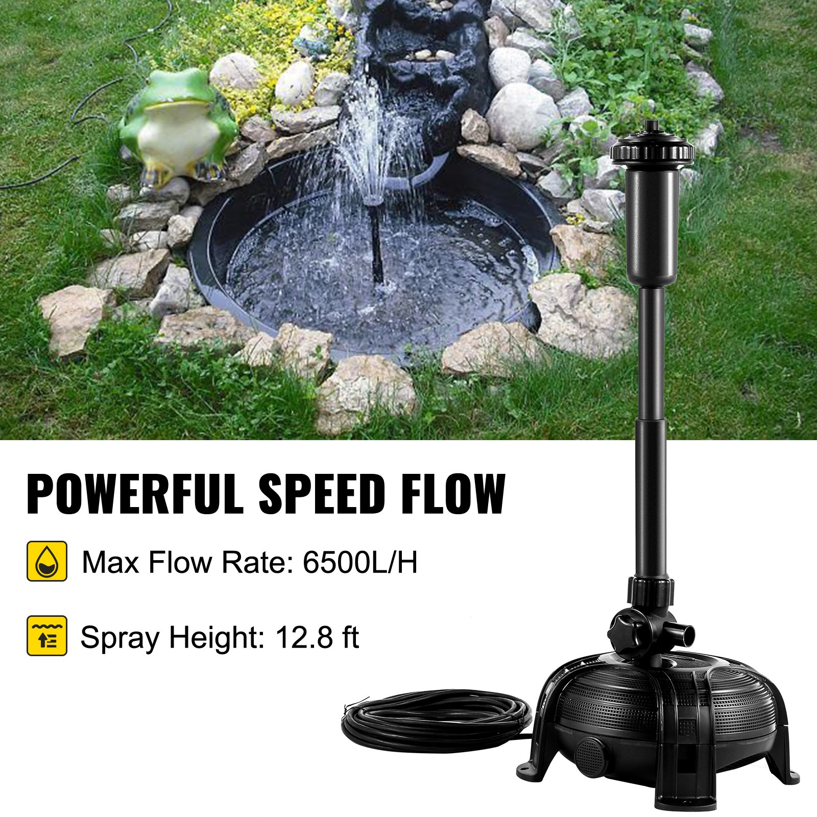 Vevor 6500 L/h Bomba De Agua Para Estanque 130 W 2 Boquillas Altura De 3,9 M