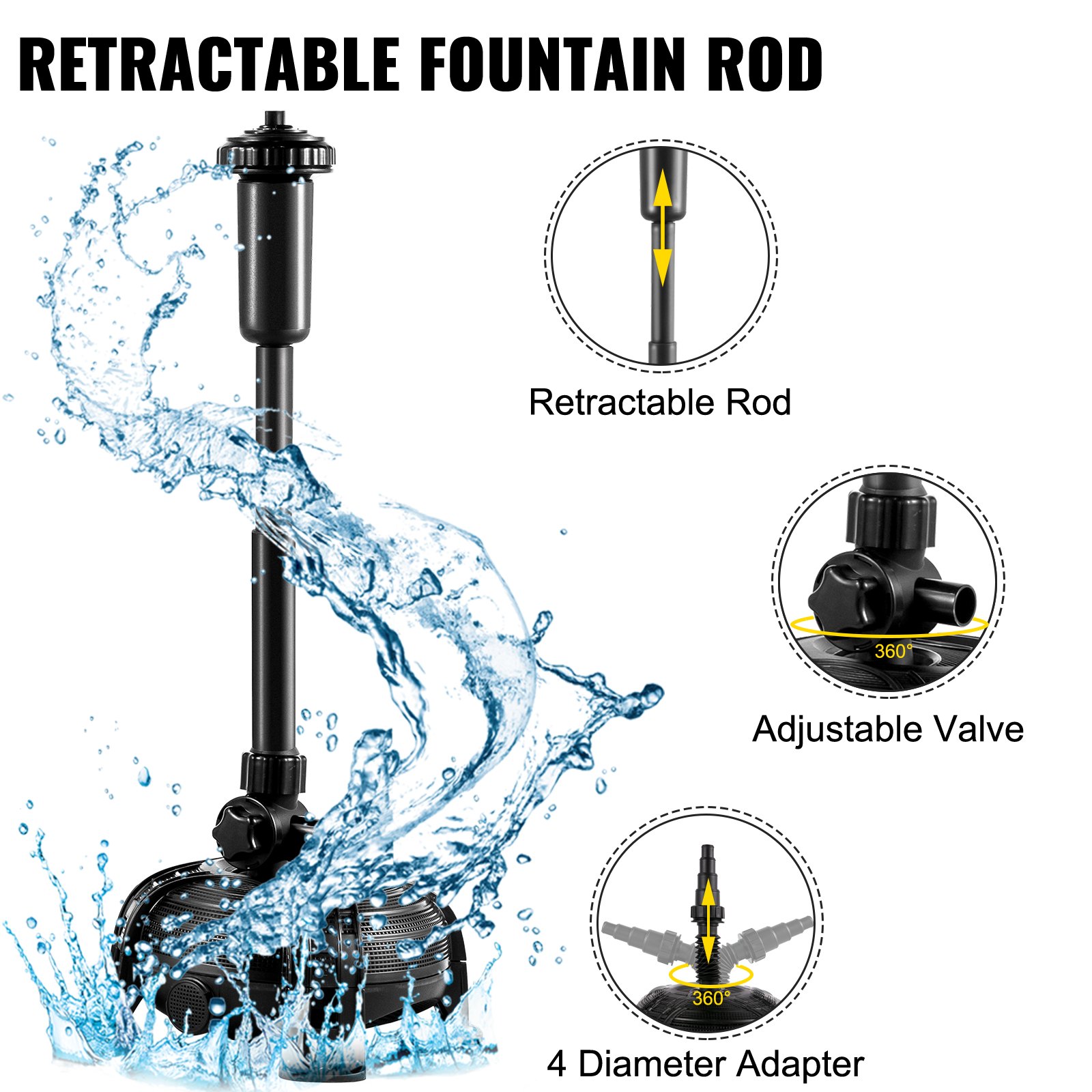 Vevor 6500 L/h Bomba De Agua Para Estanque 130 W 2 Boquillas Altura De 3,9 M