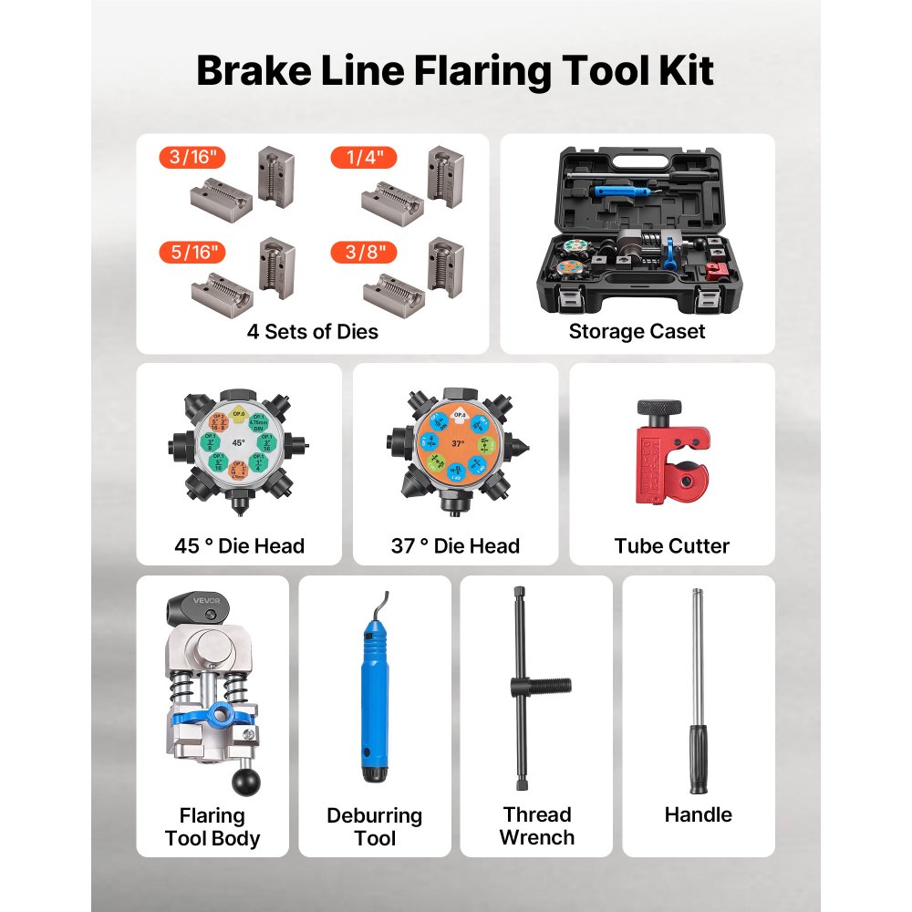 VEVOR Kit de Abocardado de Línea de Freno con Doble Burbuja 37 y 45 Grados Herramienta para Tubos de Frenos 4,76 mm a 9,52 mm Kit Profesional para Reparación Automotriz con Cabezal Cortatubos Llave