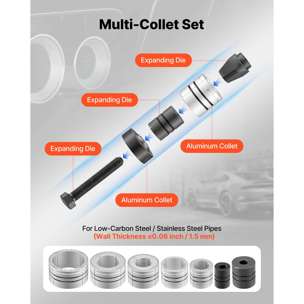 VEVOR Expansor de Tubo de Escape, Kit Herramienta para Expandir Tubos de Escape de 41,27 a 107,95 mm, Espesor de pared hasta 1,5 mm con 7 Dados Expansores para Reparación Talleres y Garajes Domésticos