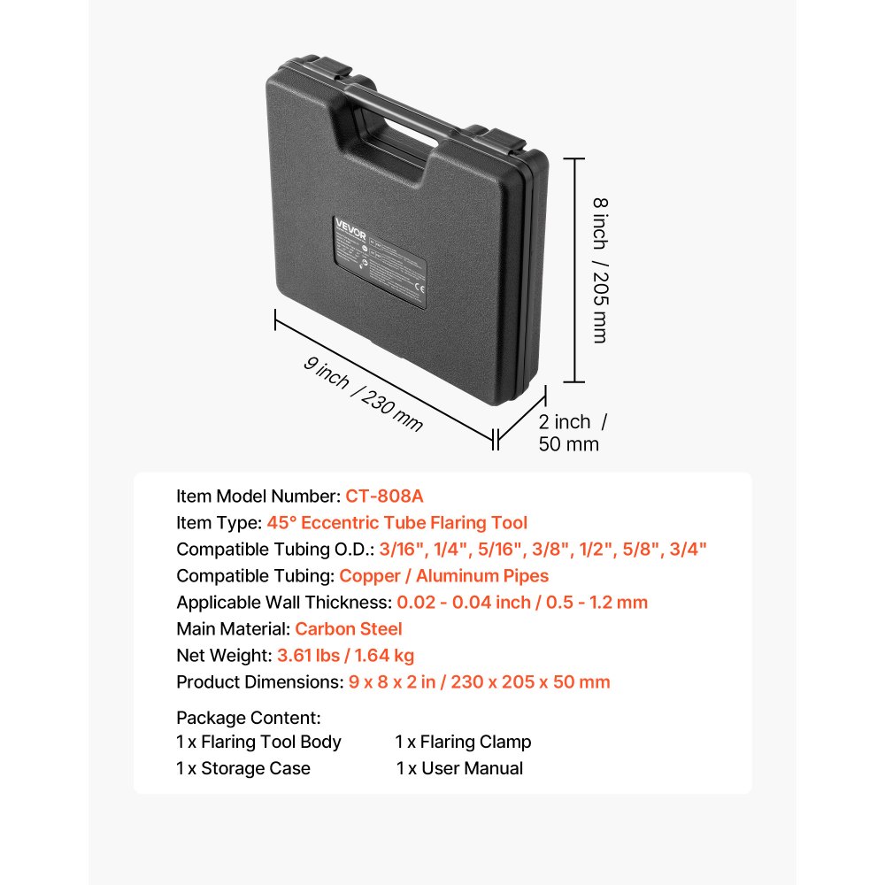 VEVOR Abocardador Tubo, Herramienta de Abocardado HVAC 4,76 a 19,05 mm, 45 Grados Cono Excéntrico, Kit para Tubos de Cobre y Aluminio sin Cortatubos para Reparación de Aire Acondicionado Refrigeración
