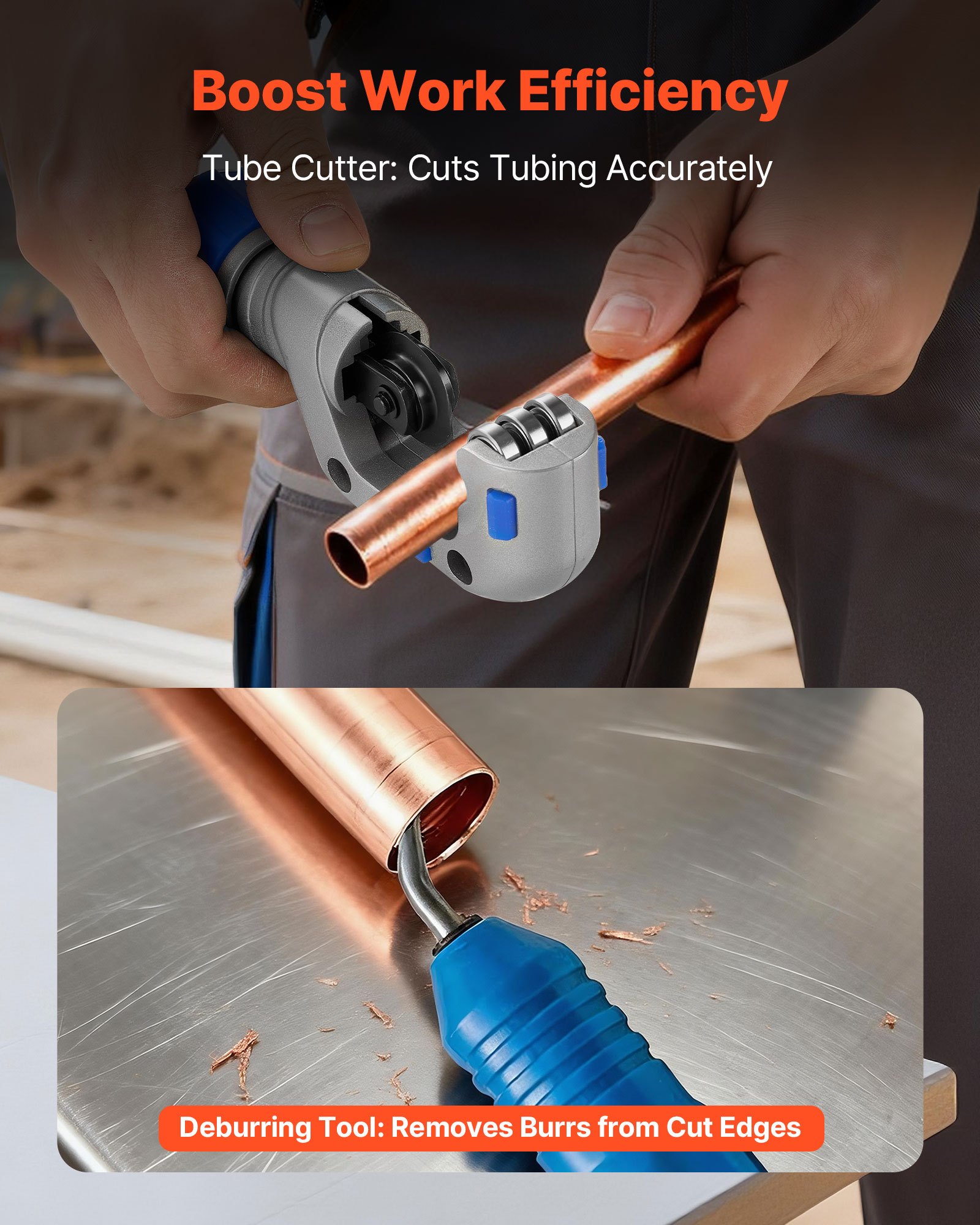 VEVOR Abocardador Tubo, Herramienta de Abocardado HVAC 9 a 16 mm, 45 Grados Cono Excéntrico Kit con Abrazaderas para Tubos de Cobre y Aluminio con Cortatubos y Desbarbador para Aire Acondicionado