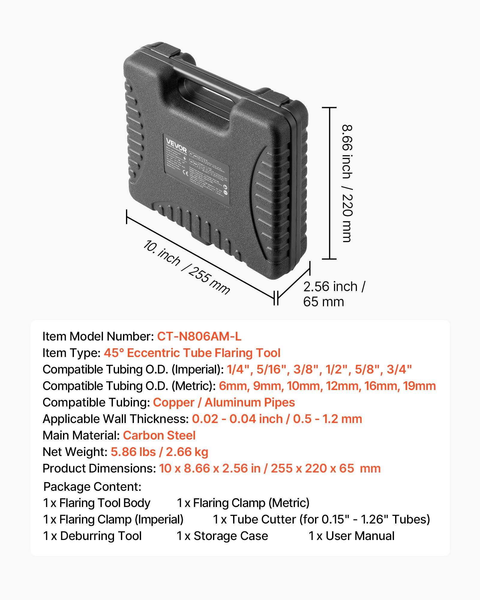 VEVOR Abocardador Tubo, Herramienta de Abocardado HVAC 9 a 16 mm, 45 Grados Cono Excéntrico Kit con Abrazaderas para Tubos de Cobre y Aluminio con Cortatubos y Desbarbador para Aire Acondicionado