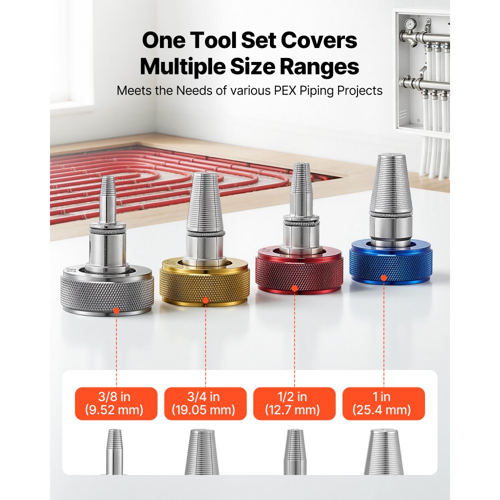 VEVOR Herramienta Expansor de Tubos PEX, Kit Manual para Expandir Tubería con 4 Cabezales de Expansión de 9,52 a 25,4 mm con Cortatubos, Lubricante para Instalaciones de Sistemas de Agua y Calefacción