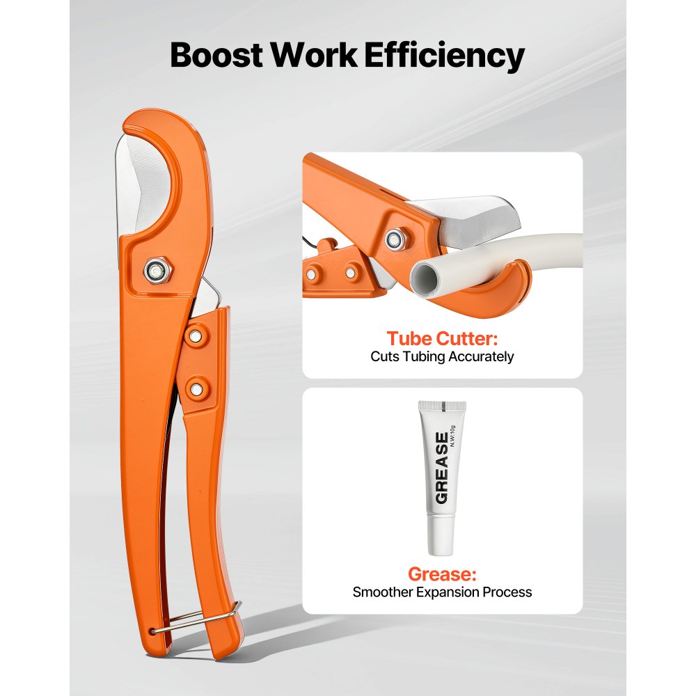 VEVOR Herramienta Expansor de Tubos PEX, Kit Manual para Expandir Tubería con 4 Cabezales de Expansión de 9,52 a 25,4 mm con Cortatubos, Lubricante para Instalaciones de Sistemas de Agua y Calefacción
