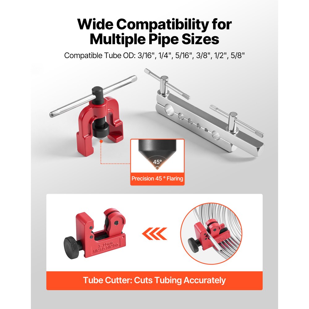 VEVOR Herramienta Abocardador Tubos de Freno, Kit de Reparación de Líneas de Freno 37 Grados para Tubo de Cobre de 4,76 x 15,87 mm, Dobladora de Tubos 3 en 1, Cortador de Tubos, 20 Racores, 2 Uniones
