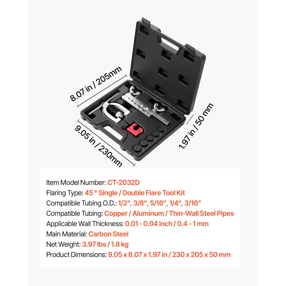 VEVOR Herramienta Abocardador Tubos de Freno, Kit de Reparación de Líneas de Freno 45 Grados Doble y Simple, Cortatubos, Adaptadores, Barra, Cono, Uniones Roscadas para Tubo de Cobre de 4,76 x 12,7 mm