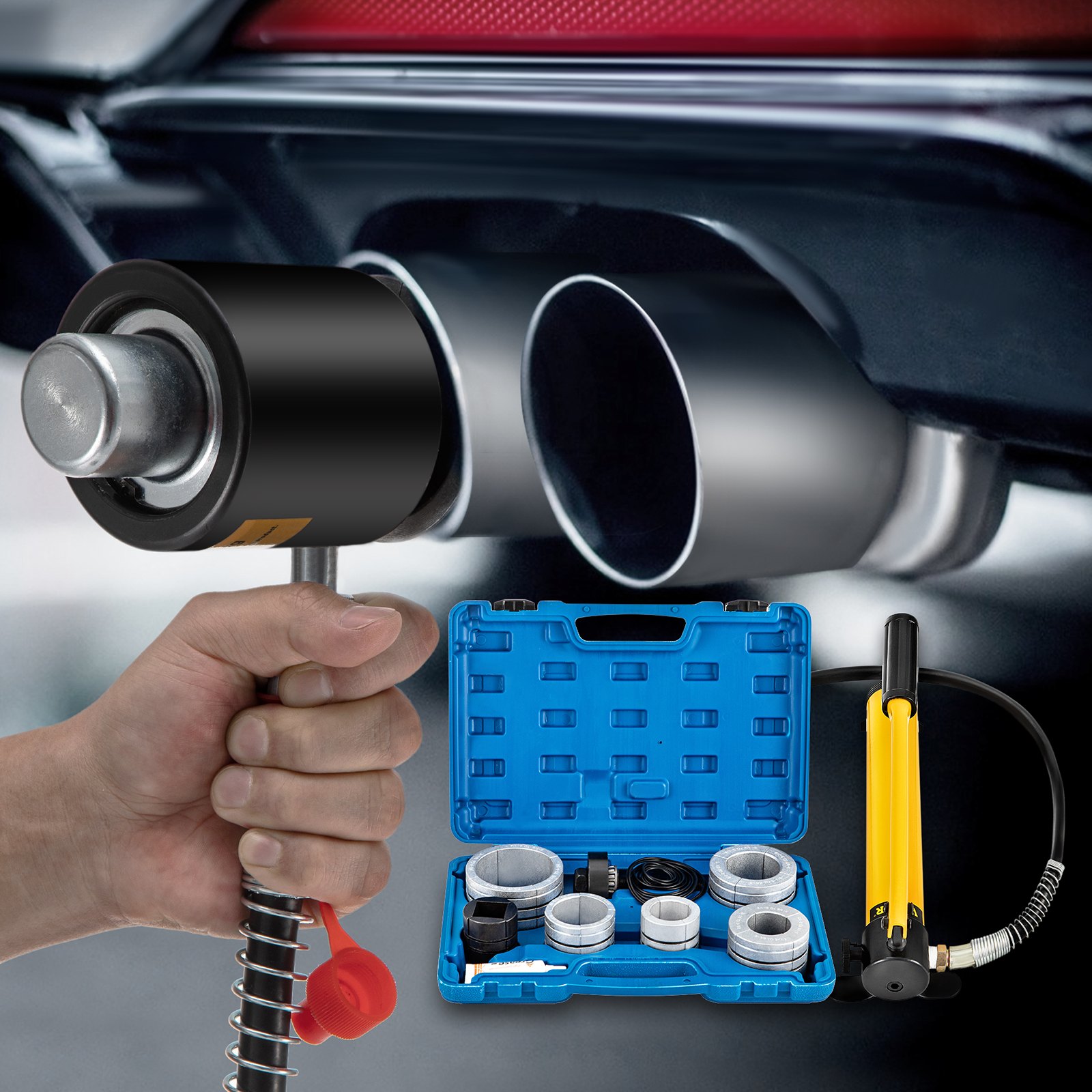 VEVOR Expansor de tubo de escape hidráulico tamaño 1-5/8" a 4-1/4" estirador de tubo hidráulico manual 10T 4 troqueles 2 cajas de almacenamiento para tubos de cobre y aluminio reparación de automóvil