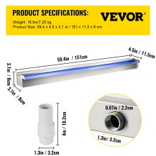 VEVOR Fuente Rectangular para Piscina Acero Inoxidable Cascadas para Piscinas 151 x 11,5 x 8 cm Fuente de Piscina Exterior Flujo de Agua con Tira LED de Colores Cascada de Jardín Patio Estanque
