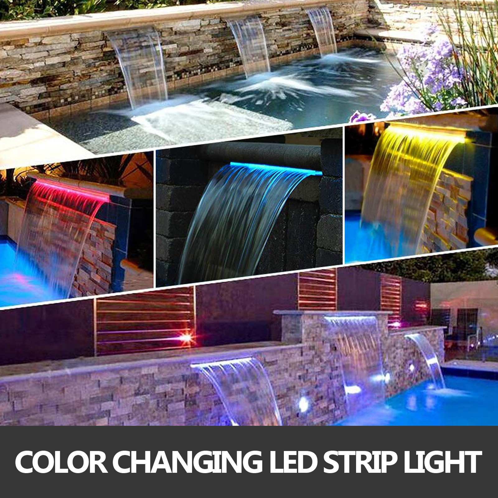 VEVOR Fuente de Cascada de Acero Inoxidable 45 x 11.4 x 7.8 CM  Cascada de Agua de Acero Inoxidable Cascada Agua Acero Inoxidable con LED Fuente Fuente Rectangular con Leds para Piscina