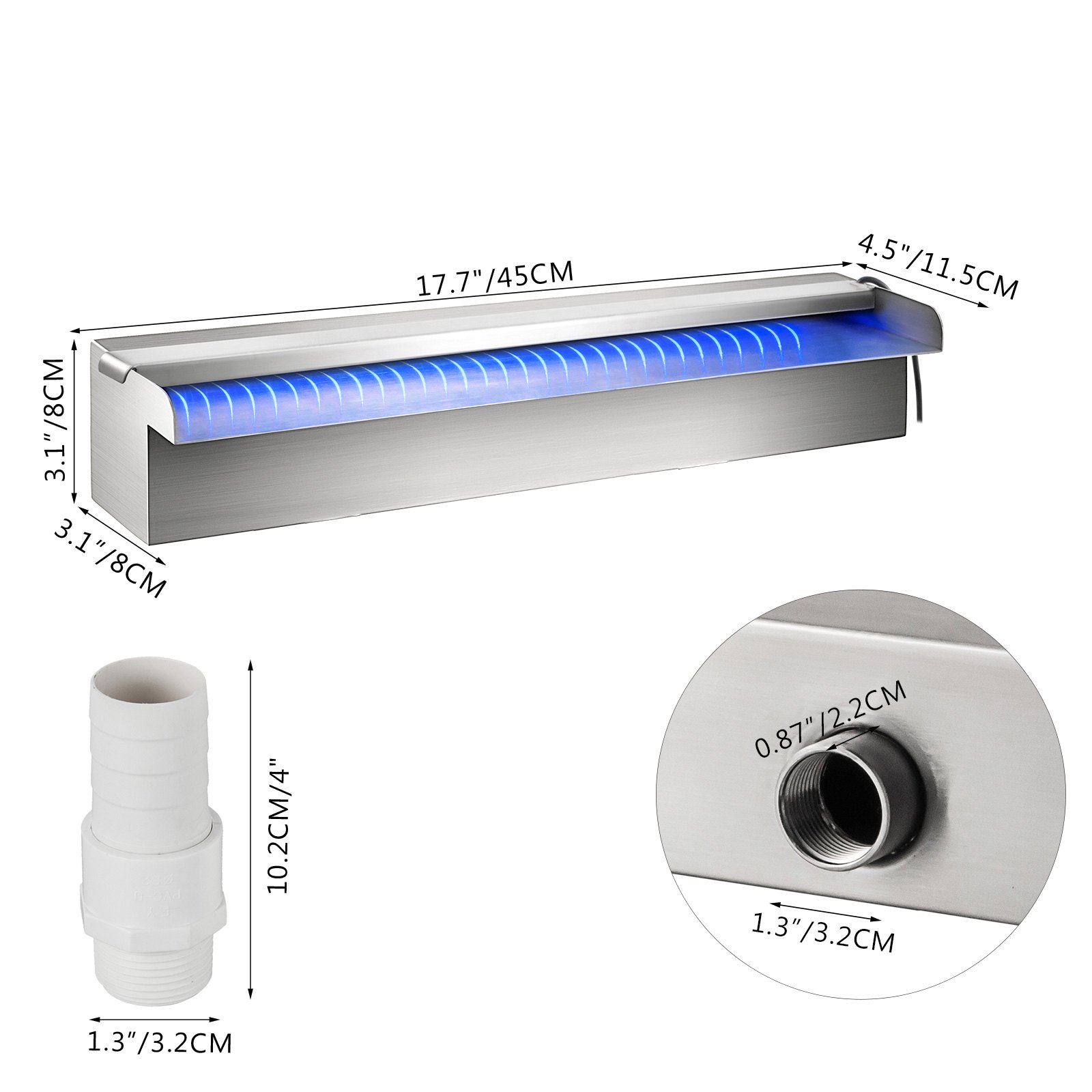 VEVOR Fuente de Cascada de Acero Inoxidable 45 x 11.4 x 7.8 CM  Cascada de Agua de Acero Inoxidable Cascada Agua Acero Inoxidable con LED Fuente Fuente Rectangular con Leds para Piscina