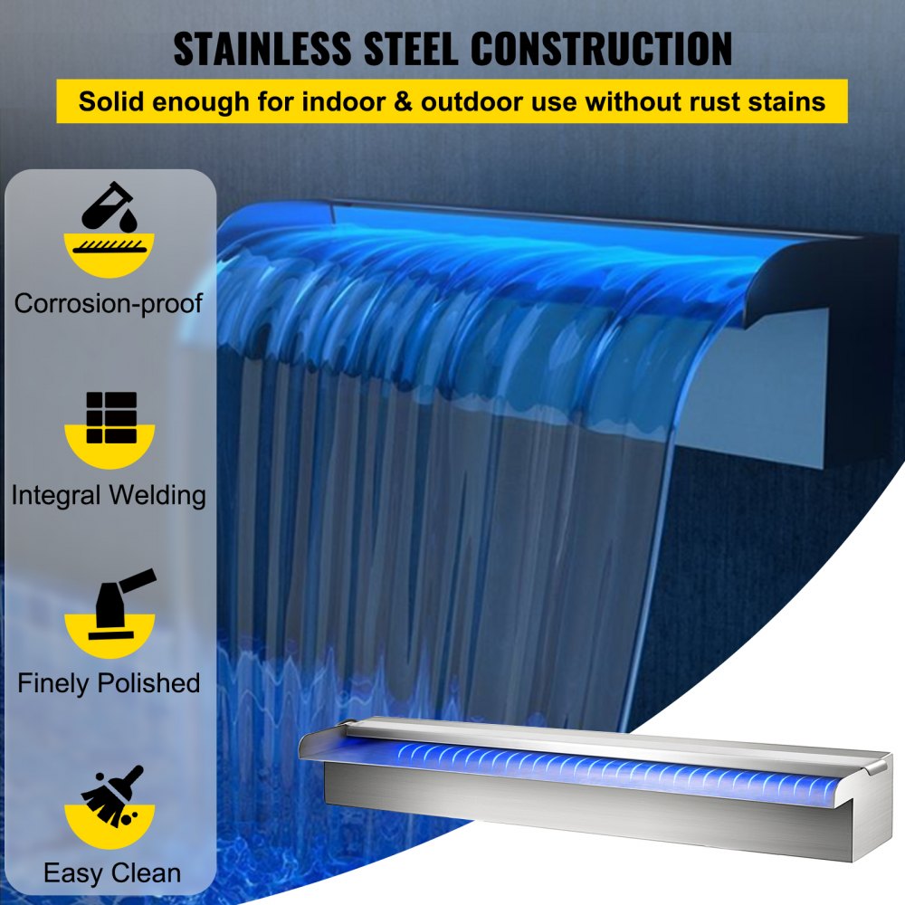 VEVOR Cascada de Agua de Acero Inoxidable 60 x 11.4 x 7.8 CM Fuente de Cascada Cascada Agua Acero Inoxidable Fuente Rectangular para Piscina con LED