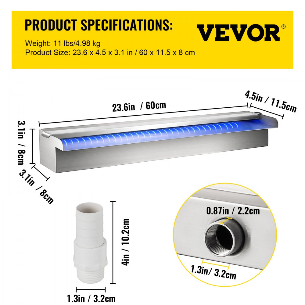 VEVOR Cascada de Agua de Acero Inoxidable 60 x 11.4 x 7.8 CM Fuente de Cascada Cascada Agua Acero Inoxidable Fuente Rectangular para Piscina con LED