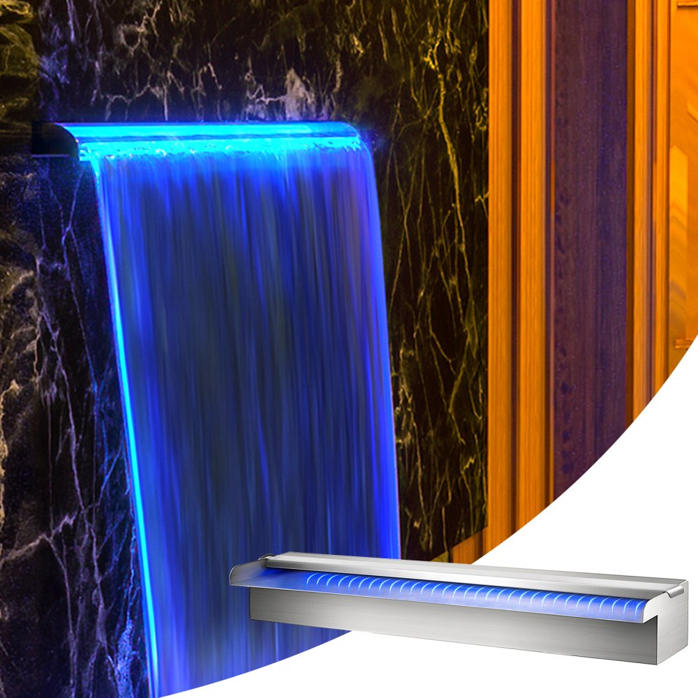 VEVOR Cascada de Agua de Acero Inoxidable 60 x 11.4 x 7.8 CM Fuente de Cascada Cascada Agua Acero Inoxidable Fuente Rectangular para Piscina con LED