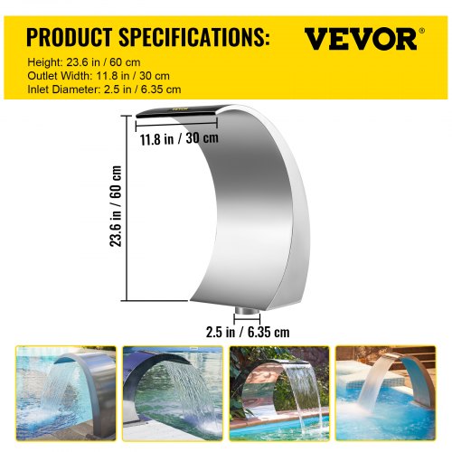VEVOR Fuente Cascada para Piscina Acero Inoxidable, Fuente de Piscina sobre el Suelo 30 x 60 x 45 cm, Fuentes de Piscina de Plata, Diseño Curvo, Alta Resistencia para Estanque de Jardín o Piscinas