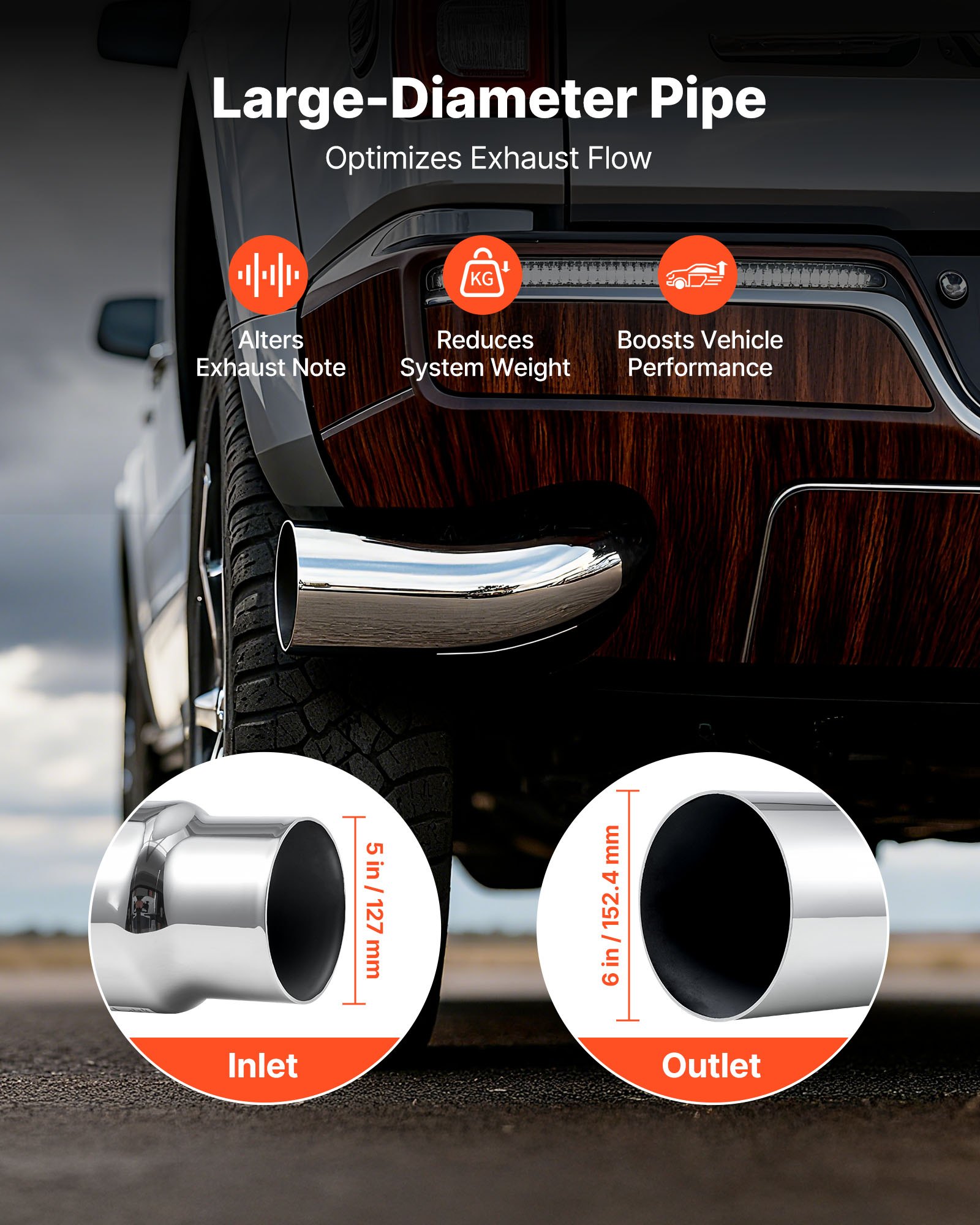 VEVOR Elbow Exhaust Tip, 127mm Inlet, 152.4mm Outlet, 584mm Overall Length, Chrome Turn Down Exhaust Tip with Clamp for Truck, Sedan, Sports Car, SUV, Chrome Structure for High Temperature Resistance