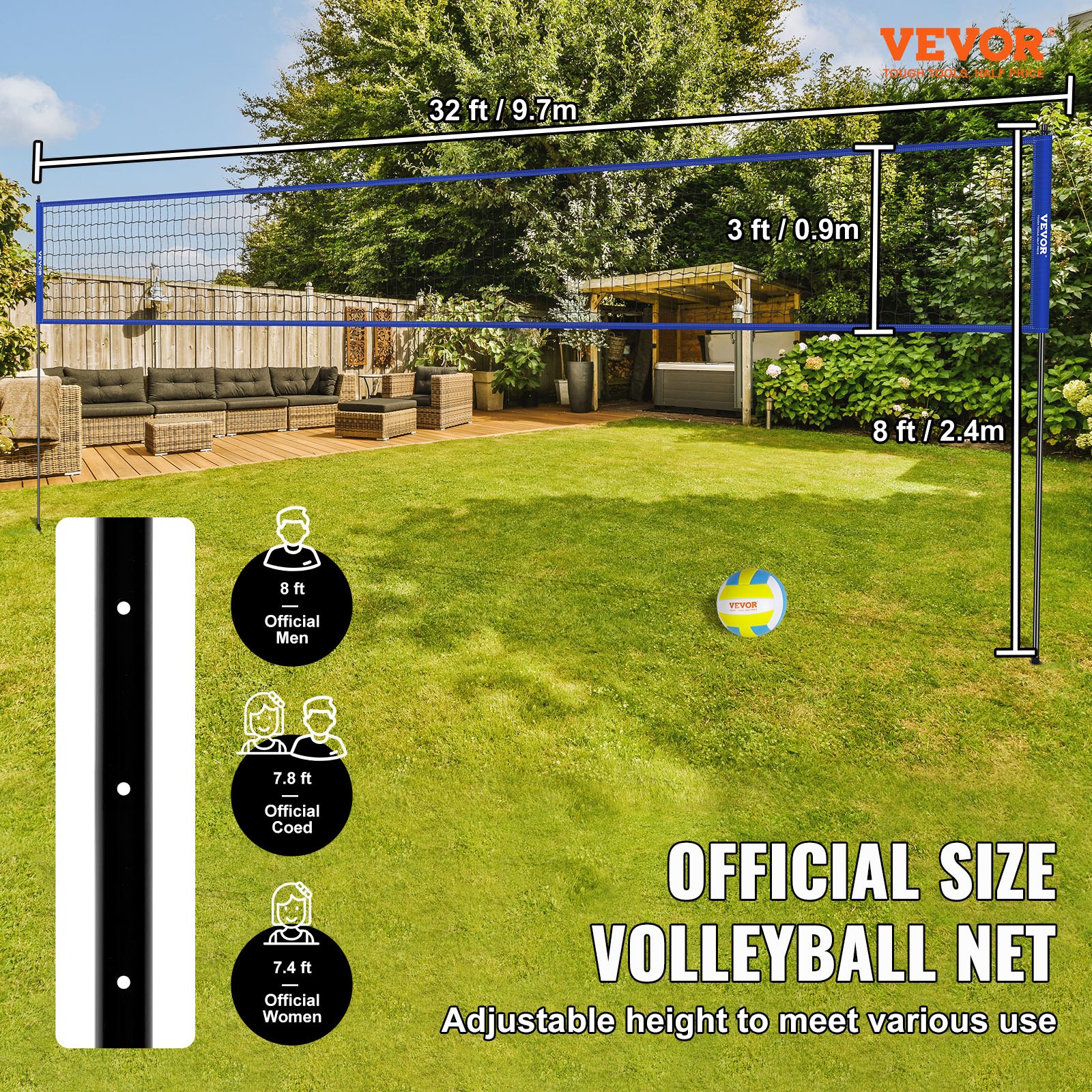 VEVOR Red de voleibol portátil para exteriores, postes de acero de altura ajustable, juego de voleibol profesional con pelota de voleibol de PVC, bomba y bolsa, para jardín, playa, césped
