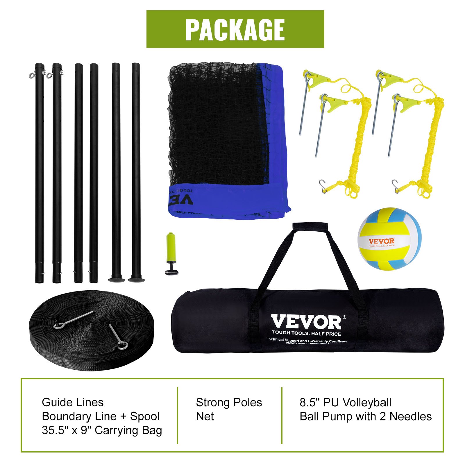 VEVOR Red de voleibol portátil para exteriores, postes de acero de altura ajustable, juego de voleibol profesional con pelota de voleibol de PVC, bomba y bolsa, para jardín, playa, césped
