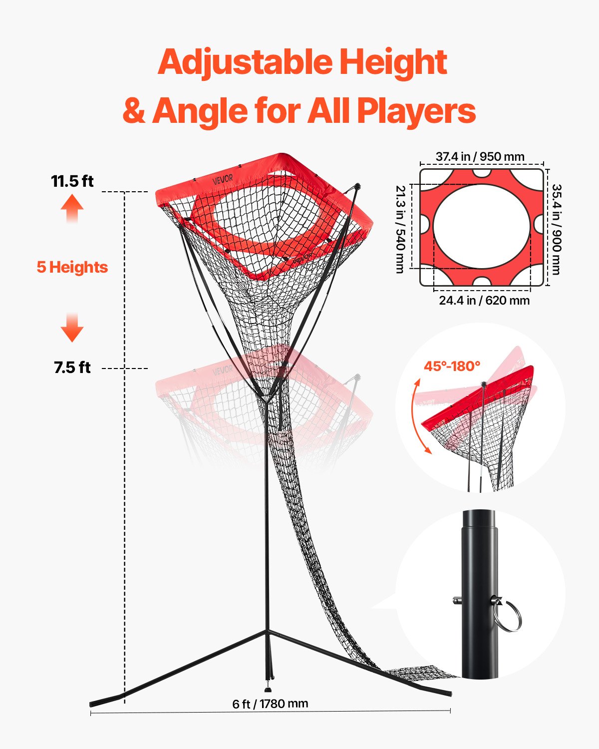 VEVOR Volleyball Trainer Net Training Device, angle and height adjustable volleyball trainer, portable practice net with steel base, carrying bag, target net for serving and spiking